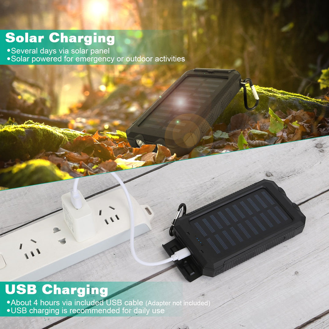 10,000mAh Solar Power Bank | Dual USB, SOS LED Flashlight &amp; Compass | Camping &amp; Hiking