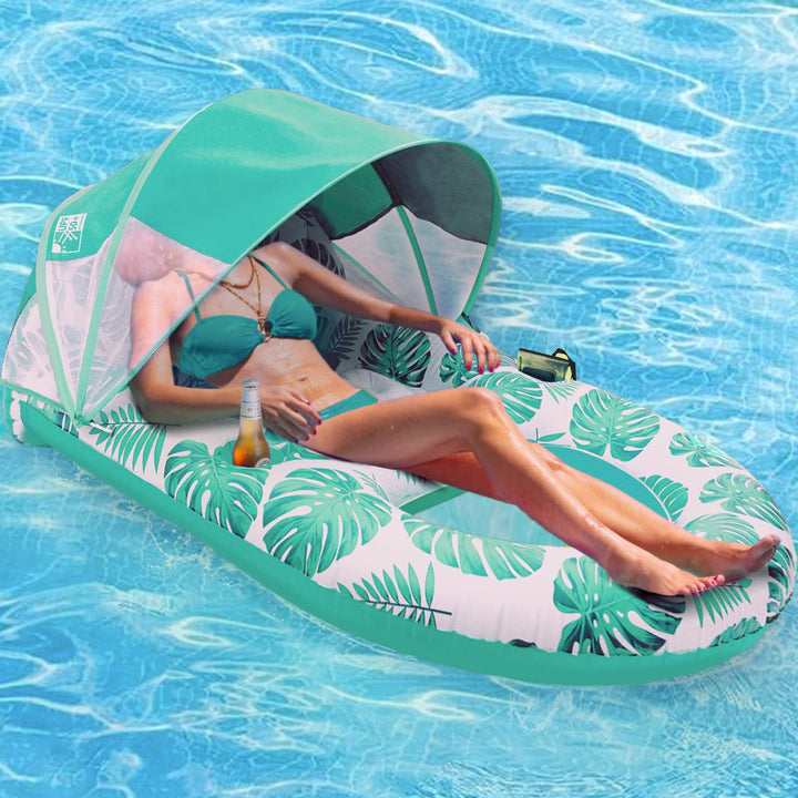Pool Lounge Float with Canopy UPF50+ - Extra Large Inflatable Lounger for Adults, Heavy Duty with Cup Holder, Backrest and Footrest (Green)