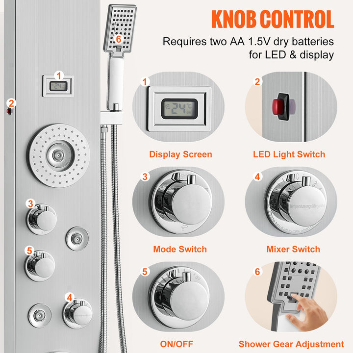 Shower Panel System, 6 Shower Modes, LED &amp; Display Shower Panel Tower, Rainfall, Waterfall, 4 Body Massage Jets, Tub Spout, Handheld Shower Head 59" Hose, Stainless Steel Wall-Mounted Shower Set