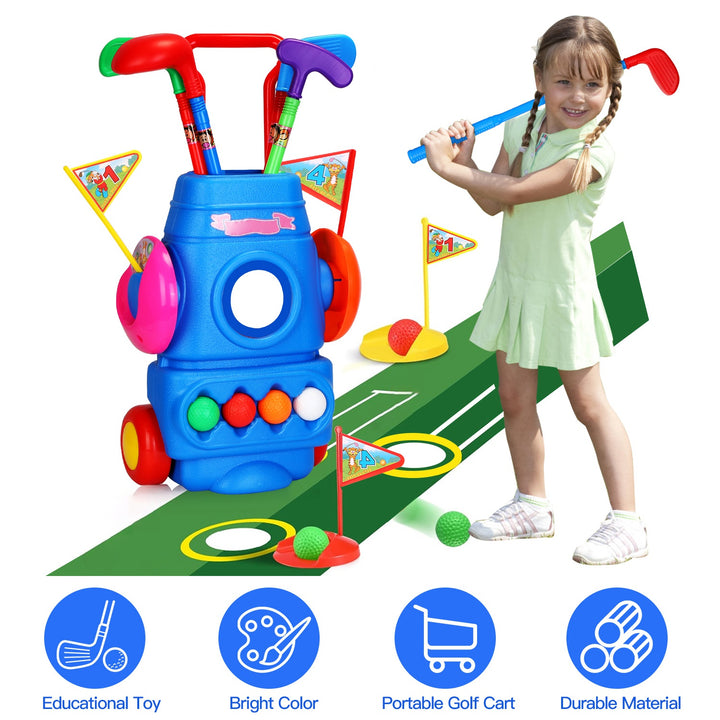 Toddler Golf Set with 4 Clubs, 4 Balls, Golf Cart, 2 Holes &amp; Flags | Kids Indoor &amp; Outdoor Golf Toy