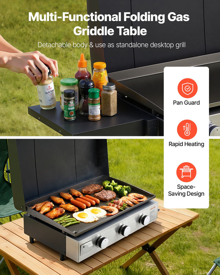 Gas Griddle, 3-Burner Flat Top Grill, Propane Griddle With Wheels, Lid, 3 X 11000 BTU Outdoor Flat Top Grills For Pan-Frying, Grilling, Stir-Frying, &amp; BBQ, Pulse Ignition, Removable Top Design