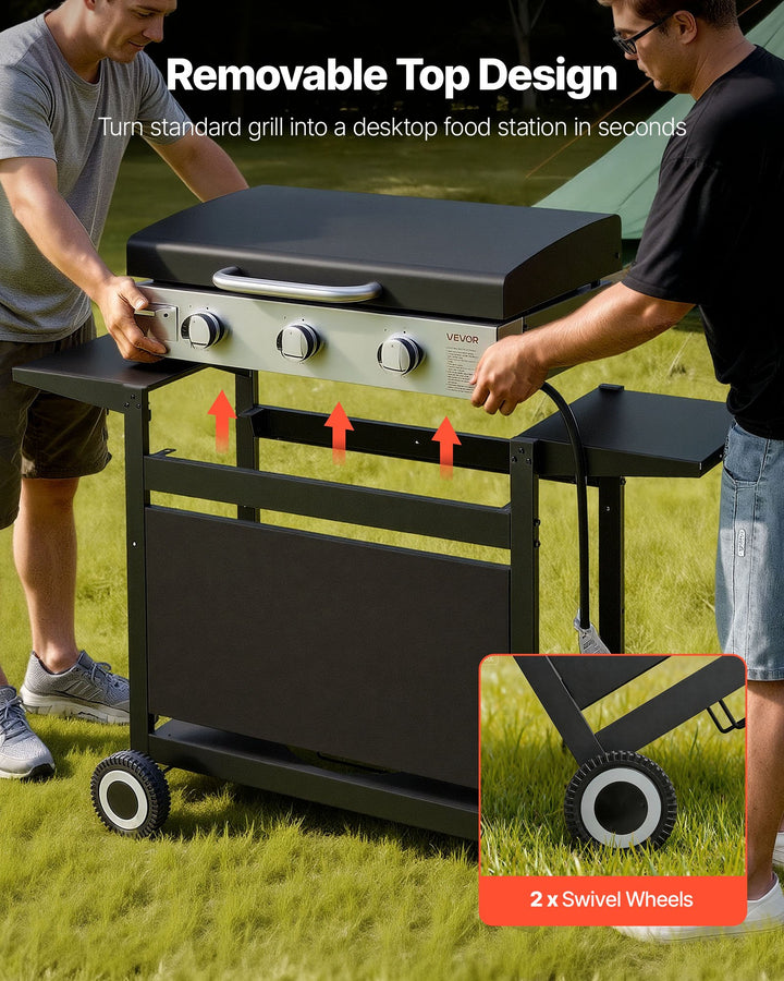 Gas Griddle, 3-Burner Flat Top Grill, Propane Griddle With Wheels, Lid, 3 X 11000 BTU Outdoor Flat Top Grills For Pan-Frying, Grilling, Stir-Frying, &amp; BBQ, Pulse Ignition, Removable Top Design