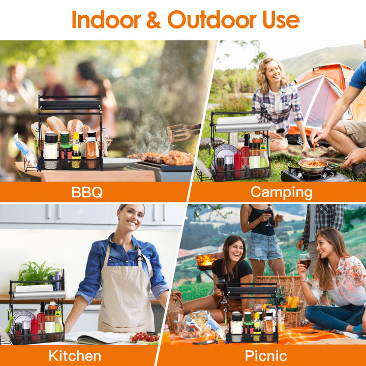 Metal Grill Caddy &amp; Utensil Organizer with Paper Towel Holders, Side Basket &amp; Hooks for Outdoor BBQ, Camping &amp; Kitchen