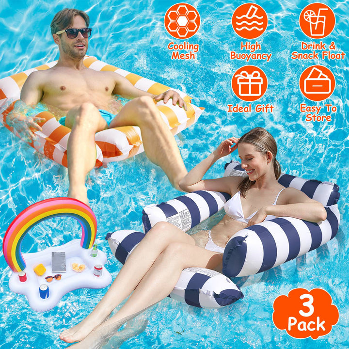 Inflatable Pool Float Set | 3-Pack | 2 Water Hammocks + Drink &amp; Snack Float | Air Pump Included