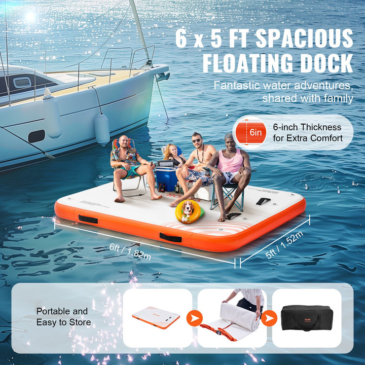 Inflatable Floating Dock 6x5ft | Non-Slip Platform with Ladder, D-Rings &amp; Carrying Bag