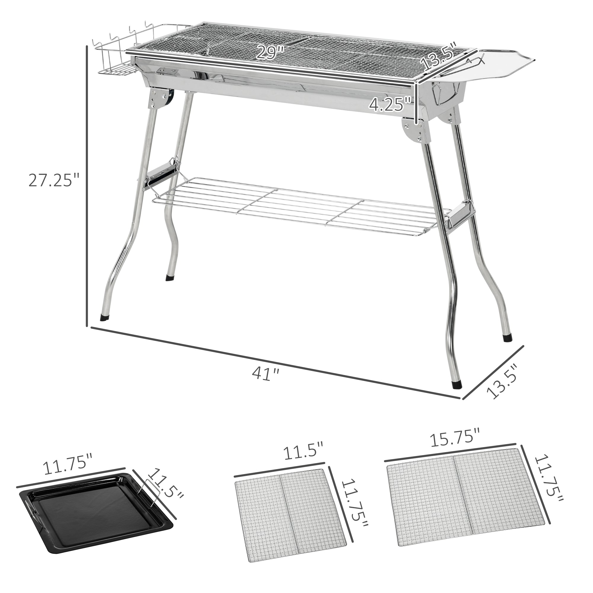 Portable Folding Stainless Steel Charcoal BBQ Grill for Camping, Tailgating & Picnics, Silver
