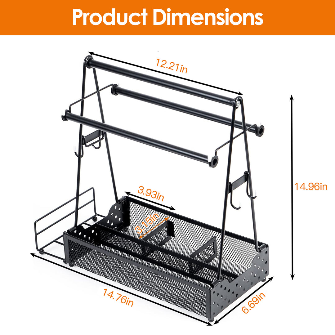 Metal Grill Caddy &amp; Utensil Organizer with Paper Towel Holders, Side Basket &amp; Hooks for Outdoor BBQ, Camping &amp; Kitchen