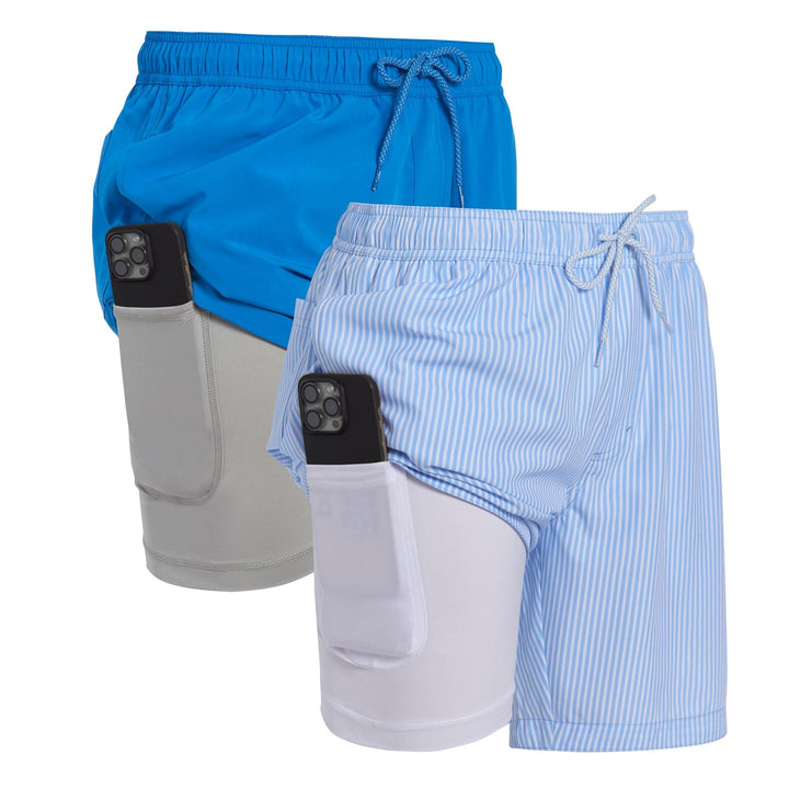 Mens 2 Pack Swim Trunks with Compression Liner Anti Chafing 7 inch Inseam Stretch Quick Dry Swim Shorts with Phone Pocket
