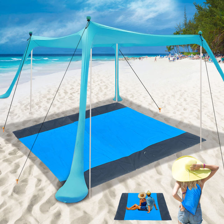 Beach Canopy Tent 11x11 ft | UPF50+ Sun Protection | Includes Beach Blanket, Windproof Ropes, 4 Poles &amp; Carry Bag | Easy Setup for Beach, Outdoor &amp; Camping