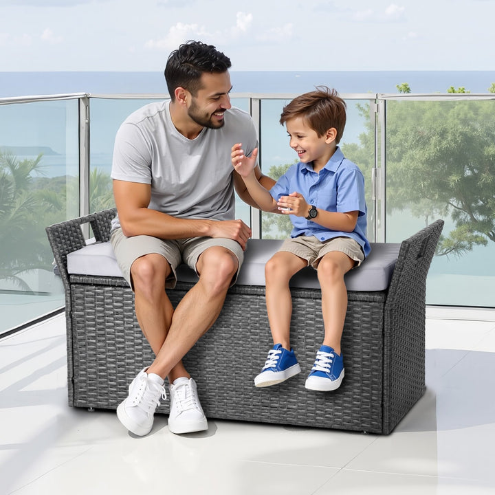 Outdoor Storage Bench with Cushion – 40-Gal PE Rattan Deck Box