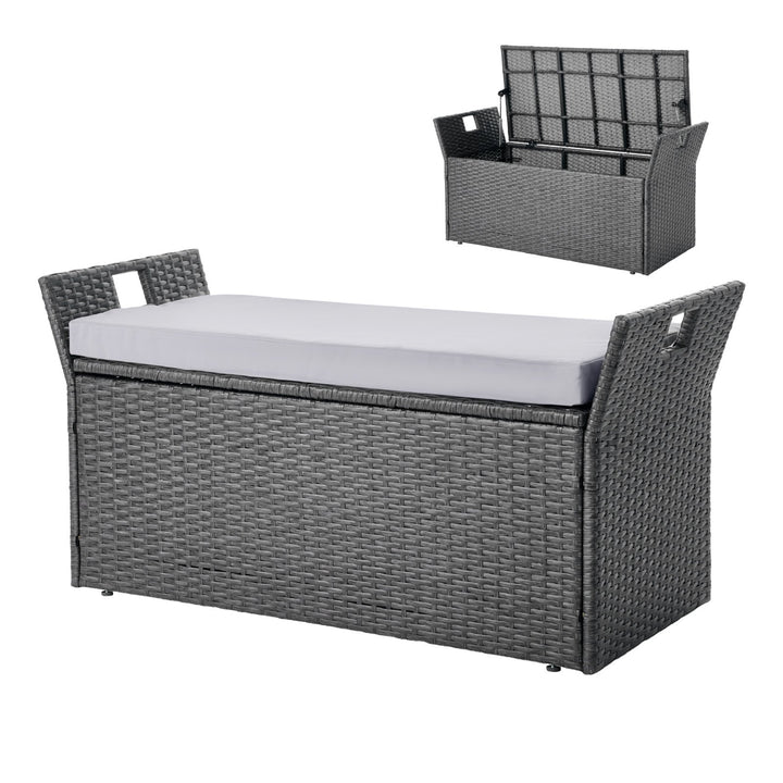 Outdoor Storage Bench with Cushion – 40-Gal PE Rattan Deck Box